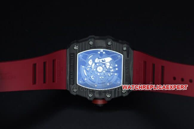 top-tier watch Richard Millerm53 carbon fiber men's black dial red strap hollow mechanical watch front view
