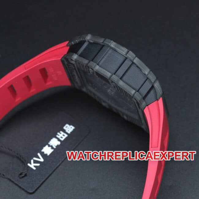 top-tier watch Richard Millerm53 carbon fiber men's black dial red strap hollow mechanical watch side view