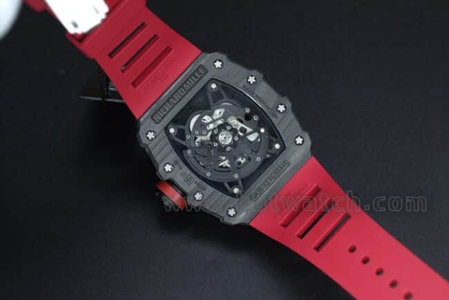 top-tier watch Richard Millerm53 carbon fiber men's black dial red strap hollow mechanical watch movement picture