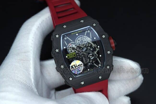 top-tier watch Richard Millerm53 carbon fiber men's black dial red strap hollow mechanical watch front view