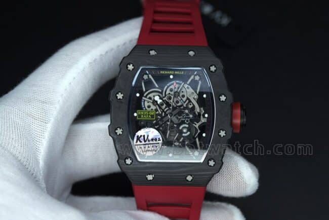 top-tier watch Richard Millerm53 carbon fiber men's black dial red strap hollow mechanical watch front view