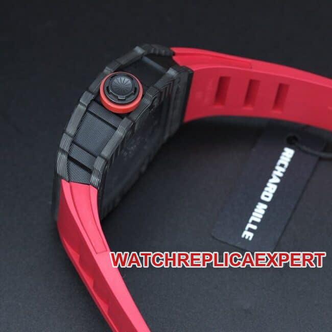 top-tier watch Richard Millerm53 carbon fiber men's black dial red strap hollow mechanical watch side view