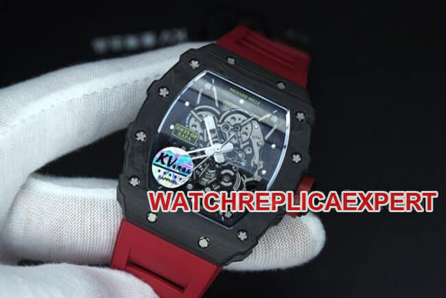 top-tier watch Richard Millerm53 carbon fiber men's black dial red strap hollow mechanical watch front view