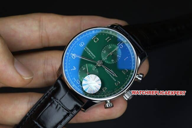 YL factory top-tier watch IWC green Portuguese watch 150th anniversary commemorative model men's green dial black belt full automatic movement see-through bottom leather strap watch front view