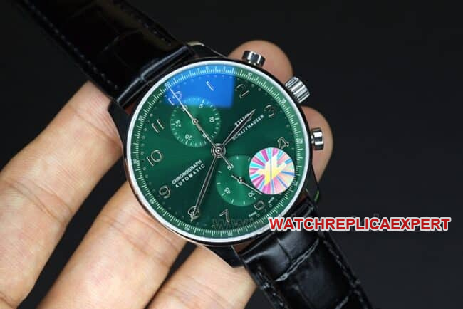 YL factory top-tier watch IWC green Portuguese watch 150th anniversary commemorative model men's green dial black belt full automatic movement see-through bottom leather strap watch front view