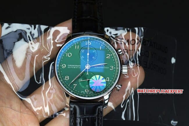 YL factory top-tier watch IWC green Portuguese watch 150th anniversary commemorative model men's green dial black belt full automatic movement see-through bottom leather strap watch front view