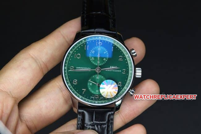 YL factory top-tier watch IWC green Portuguese watch 150th anniversary commemorative model men's green dial black belt full automatic movement see-through bottom leather strap watch front view