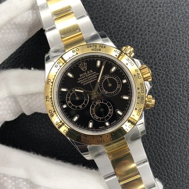 Top-tier watch Rolex universe chronograph Daytona men's black dial gold band automatic movement watch front view