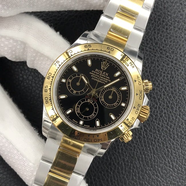 Top-tier watch Rolex universe chronograph Daytona men's black dial gold band automatic movement watch front view