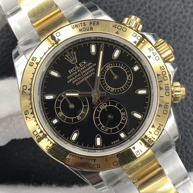 Top-tier watch Rolex universe chronograph Daytona men's black dial gold band automatic movement watch front view