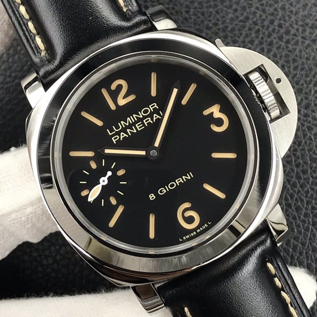 HW factory top-tier watch Panerai men's black dial black belt manual winding mechanical leather strap watch front view