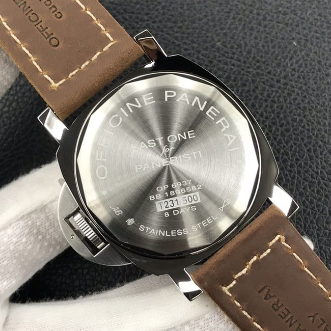 HW factory Paneraireplica watch men's green dial brown belt manual mechanical leather strap watch back cover picture
