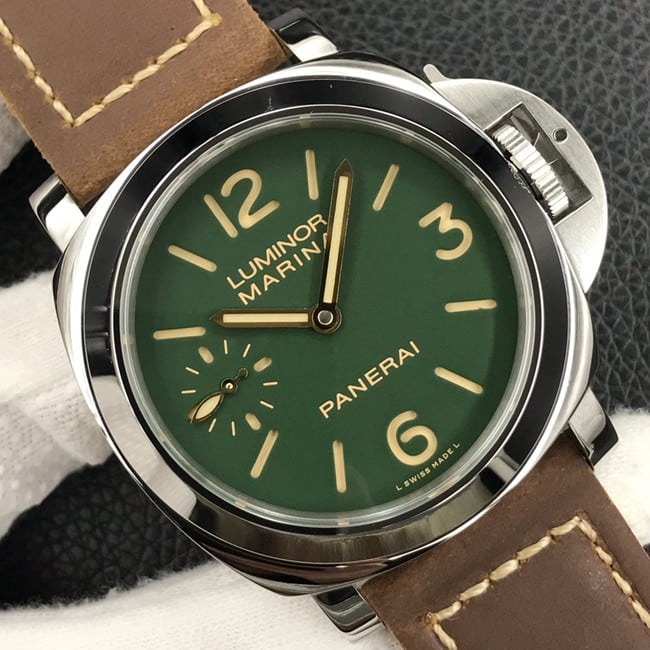 HW factory Paneraireplica watch men's green dial brown belt manual mechanical leather strap watch front view