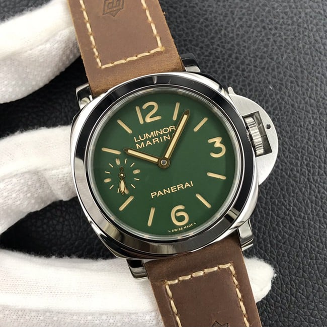 HW factory Paneraireplica watch men's green dial brown belt manual mechanical leather strap watch front view