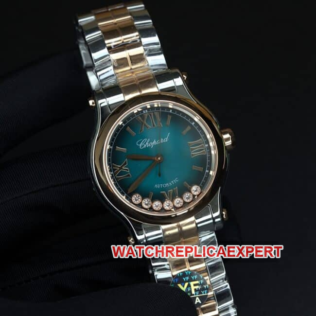 YF factory Chopardtop-tier watch ladies blue dial gold belt happy diamond automatic movement front view
