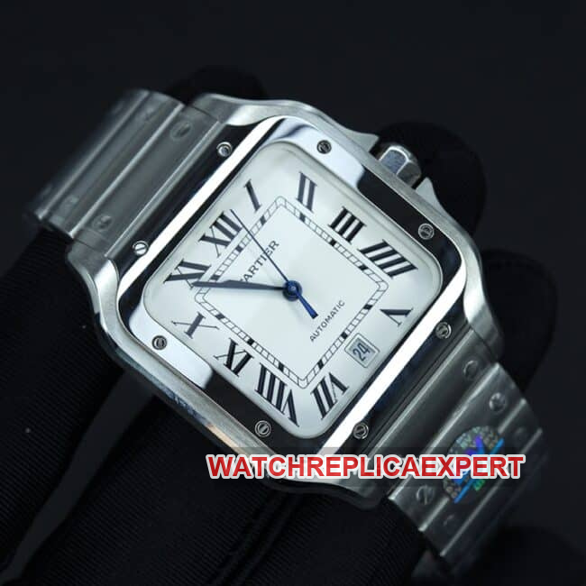 BV Factory Cartier Top Watch Men's White Dial Steel Band New Santos Automatic Mechanical Front View