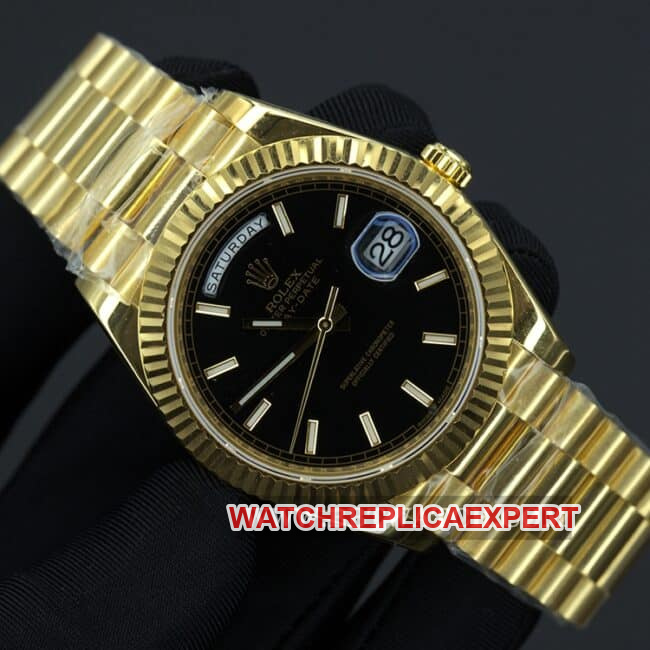Rolex top collectible watches men's black plate gold band double calendar automatic mechanical front view