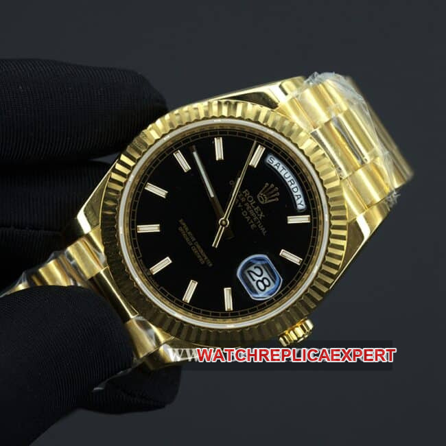 Rolex top collectible watches men's black plate gold band double calendar automatic mechanical front view