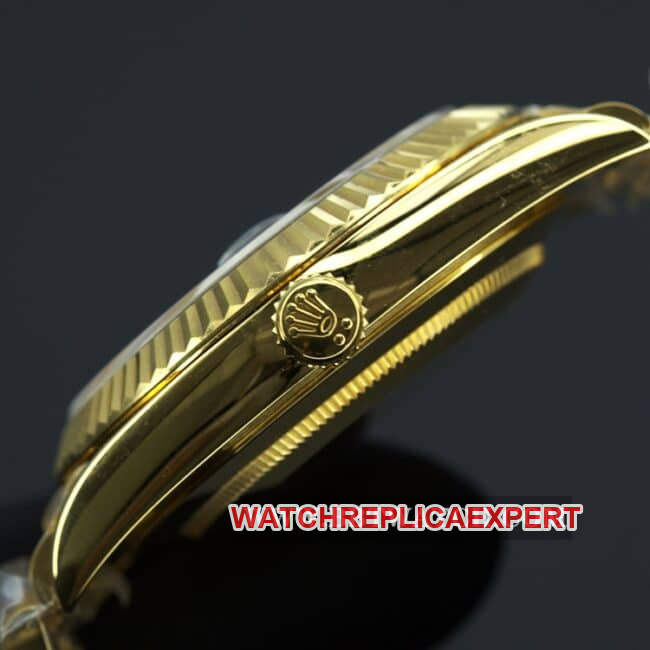 Rolex top collectible watches men's black plate gold band double calendar automatic mechanical side view