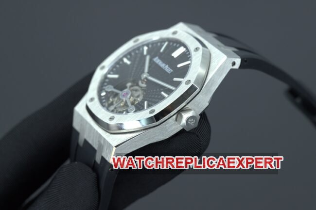 R8 factory Audemars Piguettop-tier watch men's black dialrubber strapRoyal Oaktourbillonautomatic movement side view