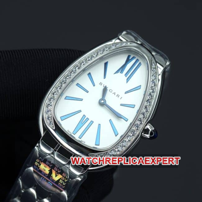 Bvlgaritop-tier watch ladies white dialsteel braceletSerpentiSeduttori gilt snake shadow quartz front view