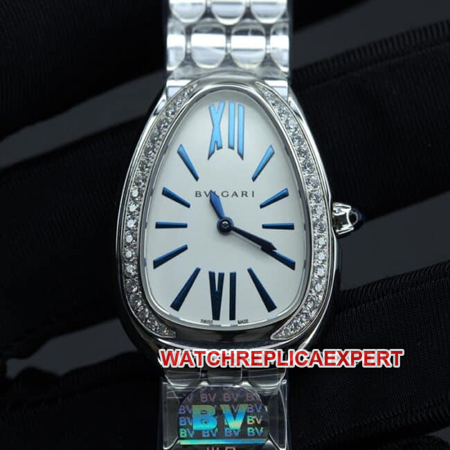Bvlgaritop-tier watch ladies white dialsteel braceletSerpentiSeduttori gilt snake shadow quartz front view