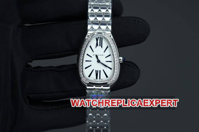 Bvlgaritop-tier watch ladies white dialsteel braceletSerpentiSeduttori gilt snake shadow quartz front view