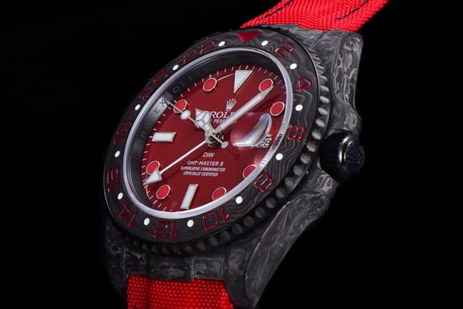 JH factory top-tier replicaRolex watch men's red plate red strap automatic movement nylon belt side view