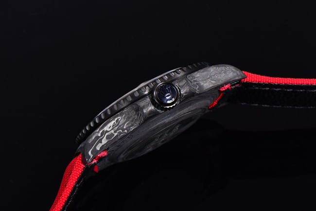 JH factory top-tier replicaRolex watch men's red plate red strap automatic movement nylon belt side view