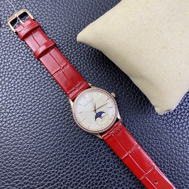 Jaeger-LeCoultretop-tier watch ladies white dial red dot moon phase master automatic movementleather strap front view