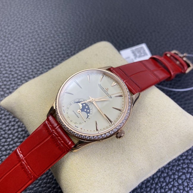 Jaeger-LeCoultretop-tier watch ladies white dial red dot moon phase master automatic movementleather strap front view