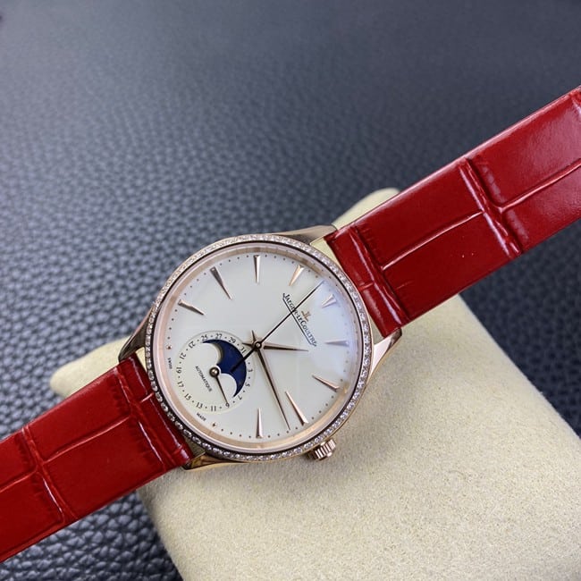 Jaeger-LeCoultretop-tier watch ladies white dial red dot moon phase master automatic movementleather strap front view