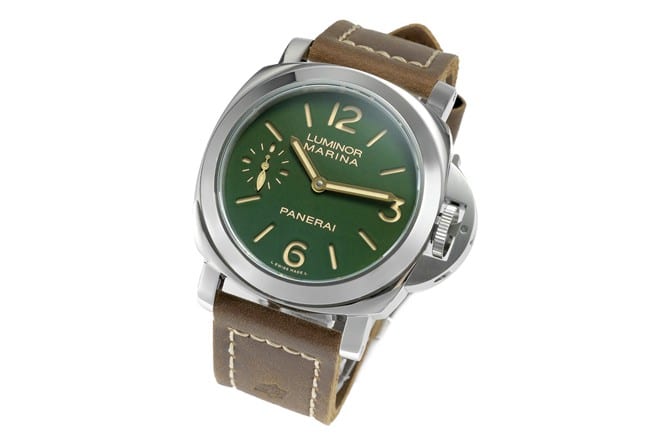 HW F factory top-tier replicaPaneraihigh-quality men's green dial brown belt manual winding leather strap watch front view