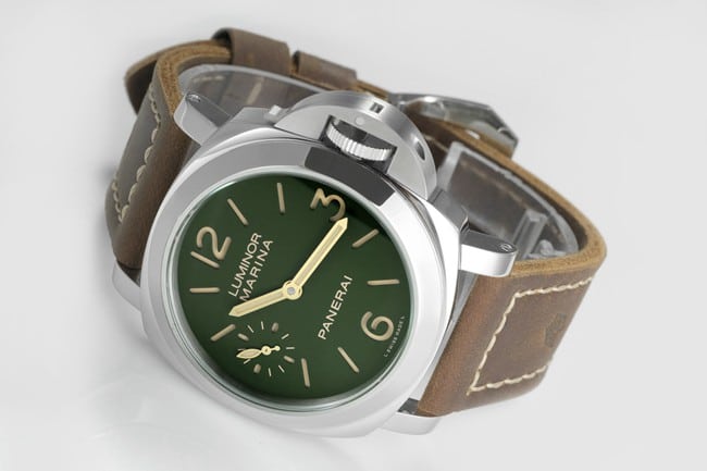 HW F factory top-tier replicaPaneraihigh-quality men's green dial brown belt manual winding leather strap watch front view