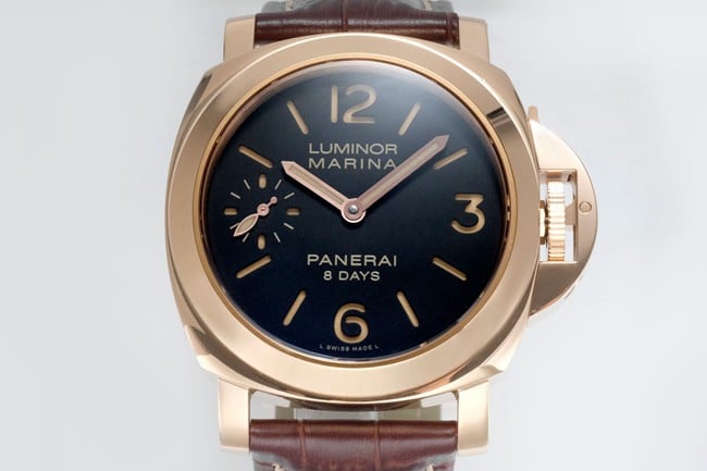 Paneraitop-tier manual winding mechanical men's black dial brown belt watch front view