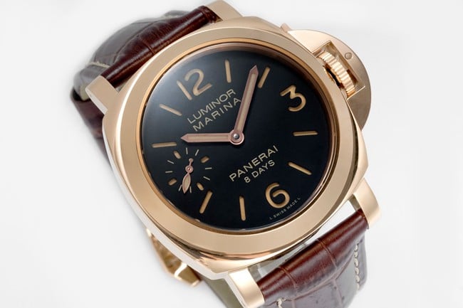 Paneraitop-tier manual winding mechanical men's black dial brown belt watch front view