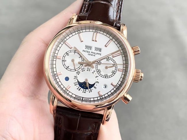 top-tier replicaPatek Philippe watch men's white dial brown belt super complex function chronograph series fully automatic movementleather strap front view