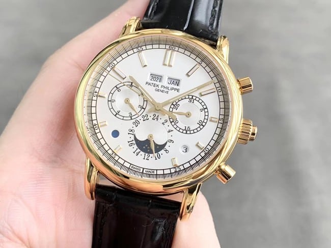 Top Patek Philippe imitation men's white dial black strap ultra-complicated chronograph series fully automatic mechanical watch front view