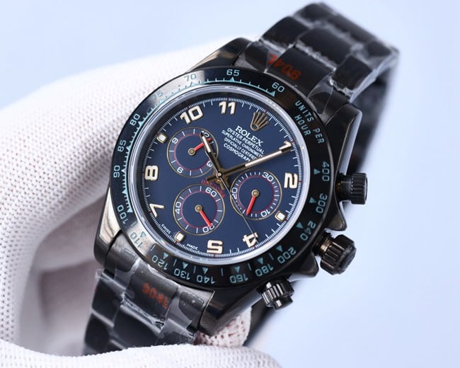 top-tier replicaRolex men's watch men's blue dial black belt multifunctional mechanical front view