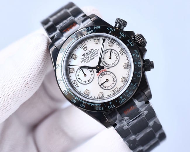 Rolex watch fully automatic movement men's white dialsteel braceletBLAKEN carbon black di front view