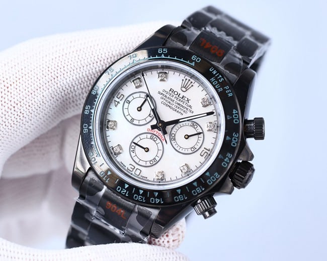 Rolex watch fully automatic movement men's white dialsteel braceletBLAKEN carbon black di front view