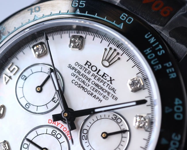 Rolex watch fully automatic movement men's white dialsteel braceletBLAKEN carbon black di detail shots