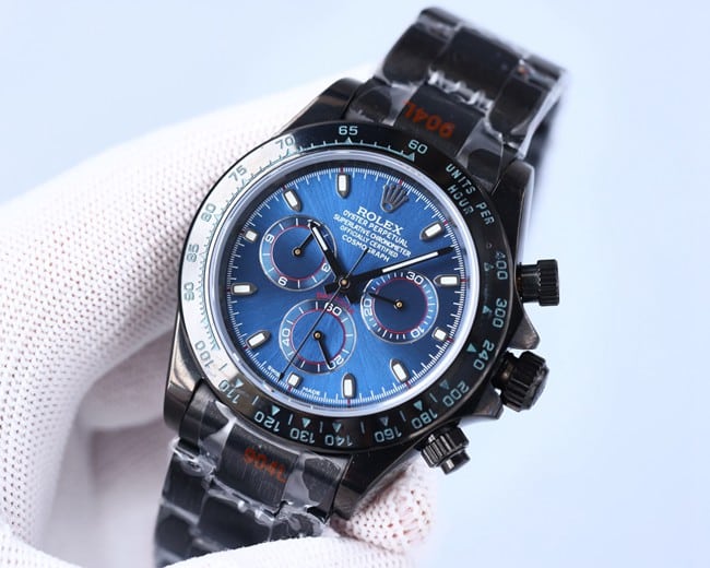 Rolextop-tier automatic multifunctional carbon black Di men's blue dialsteel bracelet mechanical watch front view