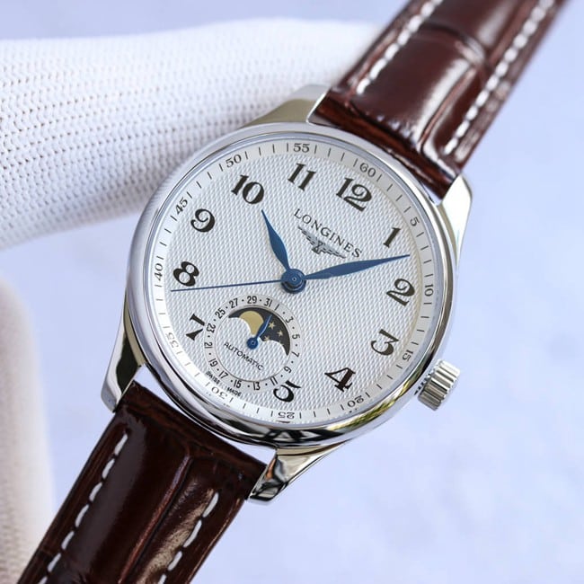 top-tier replicaLongineshigh-quality women's white dial brown belt famous craftsman series fully automatic movementleather strap watch front view