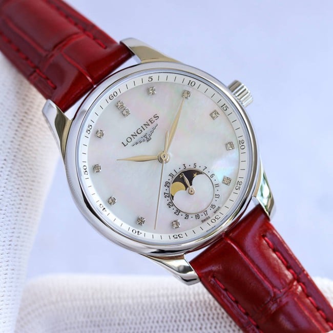 Longinestop-tier watch ladies white dial red strap famous craftsman series fully automatic movementleather strap front view