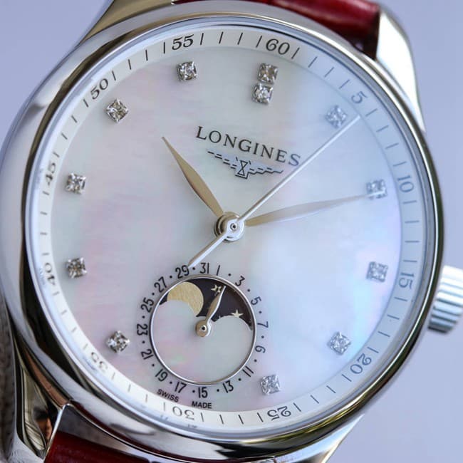 Longinestop-tier watch ladies white dial red strap famous craftsman series fully automatic movementleather strap front view