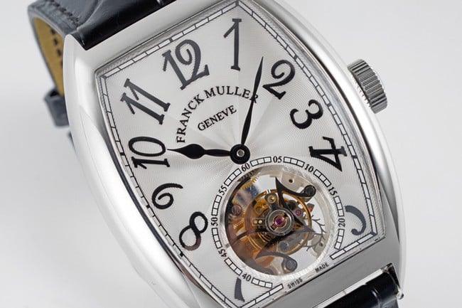 Frankmuller top collectible watches latest men's white plate black strap tourbillon mechanical belt front view