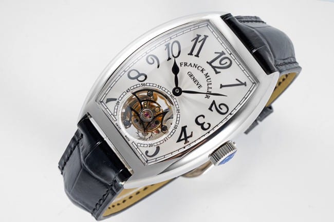 Frankmuller top collectible watches latest men's white plate black strap tourbillon mechanical belt front view