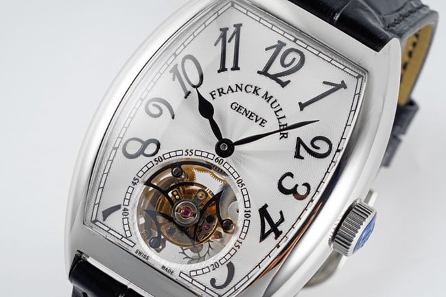 Frankmuller top collectible watches latest men's white plate black strap tourbillon mechanical belt front view