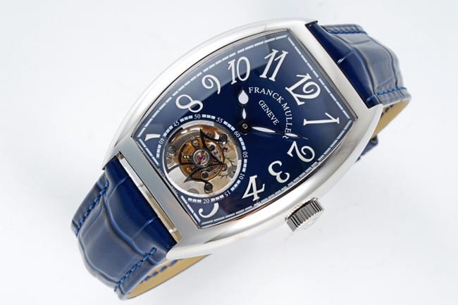 Frank Muller top-tier manual winding mechanical tourbillon men's blue dial black belt front view